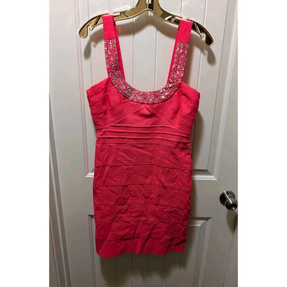 Pompous Girly Hot Pink Neon Mini Dress Rhinestones Prom Hoco Cocktail Size 11 - Picture 1 of 8